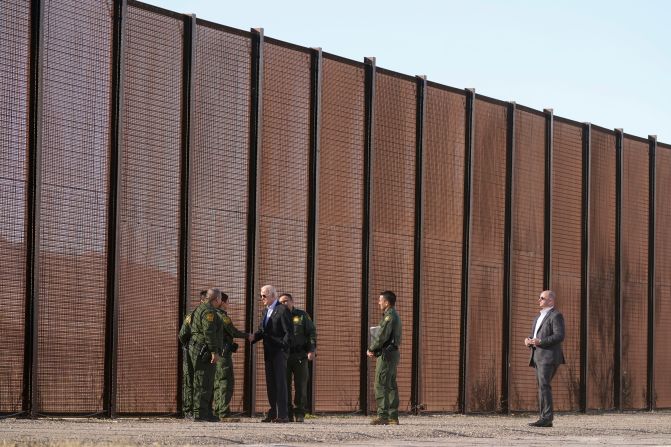 Biden greets Border Patrol agents near the Mexican border in El Paso, Texas, in January 2023. He was making his first visit to the southern border as president.