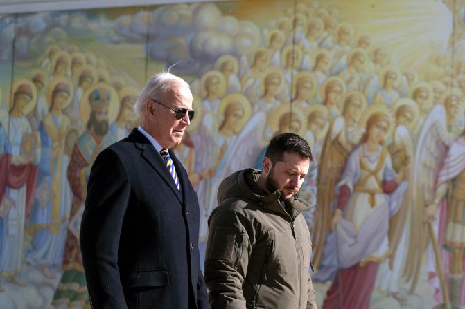 Biden walks with Ukrainian President Volodymyr Zelensky during a <a href="http://www.cnn.com/2023/02/20/world/gallery/biden-visit-ukraine-poland/index.html" target="_blank"