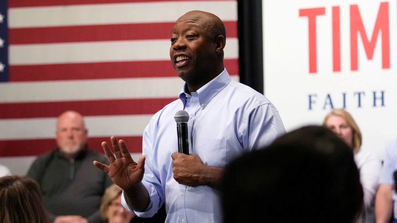 Sen. Tim Scott speaks during a town hall, Monday, May 8, 2023, in Manchester, N.H. 