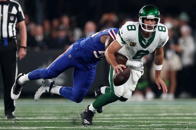 Quarterback Aaron Rodgers, making his debut with the New York Jets, is sacked by Buffalo Bills defensive end Leonard Floyd on Monday, September 11. Rodgers <a href="https://www.cnn.com/2023/09/11/sport/nfl-aaron-rodgers-injury-spt-intl/index.html" target="_blank"