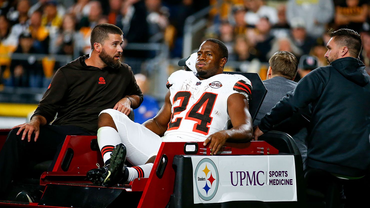 Cleveland Browns running back Nick Chubb is carted off the field after sustaining a knee injury during the second quarter against the Pittsburgh Steelers at Acrisure Stadium on September 18 in Pittsburgh.