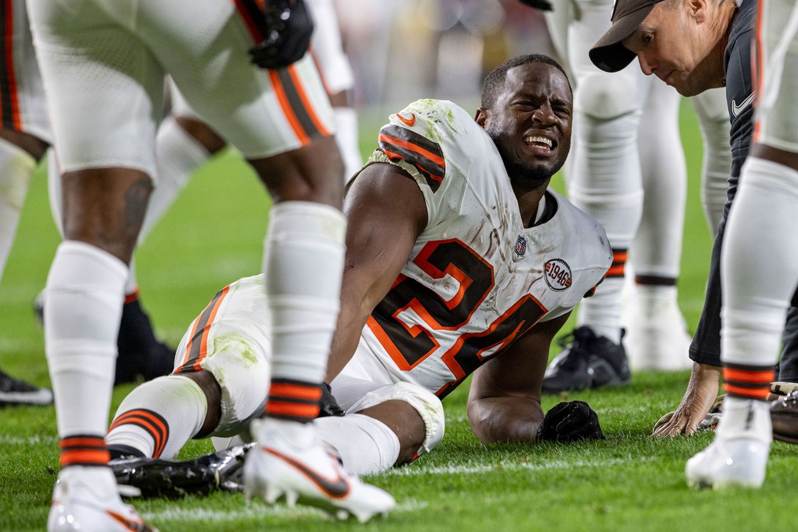 Cleveland Browns running back Nick Chubb grimaces after <a href="https://www.cnn.com/2023/09/18/sport/nick-chubb-cleveland-browns-knee-injury-spt/index.html" target="_blank"