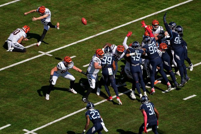 Cincinnati Bengals' Evan McPherson kicks a field goal during a game against the Tennesee Titans on October 1. McPherson was Cincinnati's only player to put points on the board during their 27-3 loss.