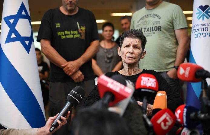 Yocheved Lifshitz speaks to the media after she was released by Hamas, outside Ichilov Hospital in Tel Aviv, Israel, on October 24.