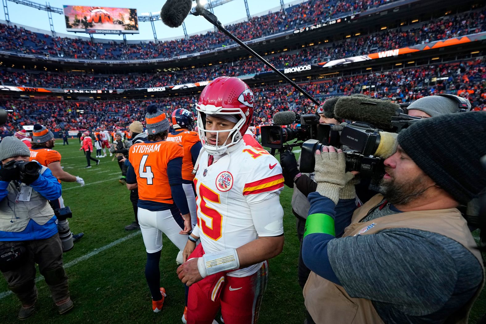 Kansas City Chiefs quarterback Patrick Mahomes walks off the field after the Chiefs' loss to the Denver Broncos on October 29. Mahomes, <a href="https://www.cnn.com/2023/10/29/sport/nfl-week-8-how-to-watch-spt-intl/index.html" target="_blank"