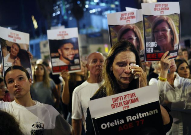 Protesters call for the release of hostages kidnapped by Hamas during a demonstration near HaKirya base in Tel Aviv, Israel, on November 4.