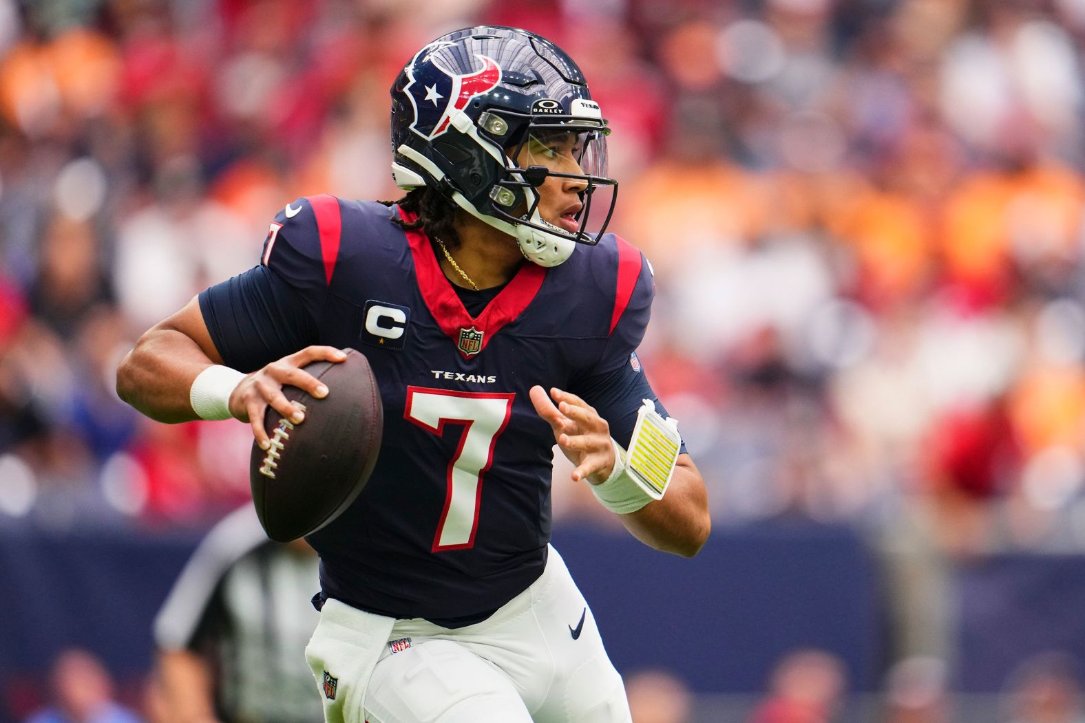 C.J. Stroud of the Houston Texans drops back to pass during the first half against the Tampa Bay Buccaneers on November 5. Stroud threw for 470 yards in the Texans' narrow 39-37 victory. 