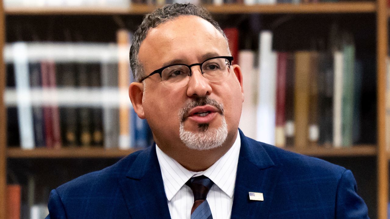 Education Secretary Miguel Cardona speaks with students during a visit to Towson University to discuss antisemitism on college campuses, Thursday, Nov. 2, 2023, in Towson, Md. (AP Photo/Julia Nikhinson)