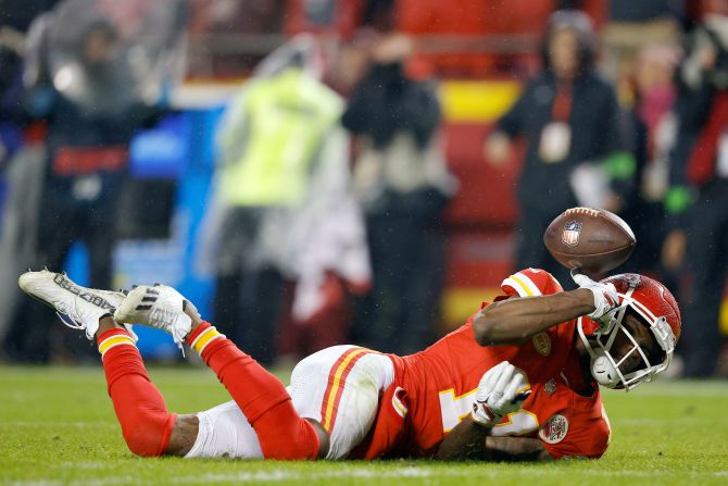 Kansas City Chiefs wide receiver Marquez Valdes-Scantling drops a pass late in the fourth quarter during the Chiefs' Monday Night Football game against the Philadelphia Eagles on November 20. <a href="https://www.cnn.com/2023/11/21/sport/philadelphia-eagles-kansas-city-chiefs-nfl-mnf-spt-intl/index.html" target="_blank"