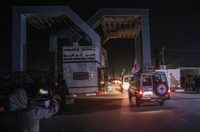 International Red Cross vehicles transport freed hostages through the Rafah border crossing in Gaza on November 24. <a href="https://www.cnn.com/2023/11/24/middleeast/israel-hamas-hostage-release-deal-intl" target="_blank"