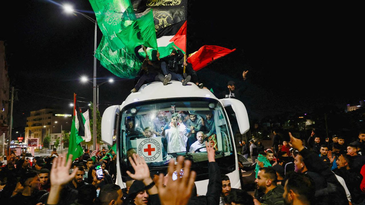 Released Palestinian prisoners react from inside a vehicle after leaving the Israeli military prison, Ofer, amid a hostages-prisoners swap deal between Hamas and Israel, near Ramallah in the Israeli-occupied West Bank November 26, 2023. REUTERS/Ammar Awad     TPX IMAGES OF THE DAY