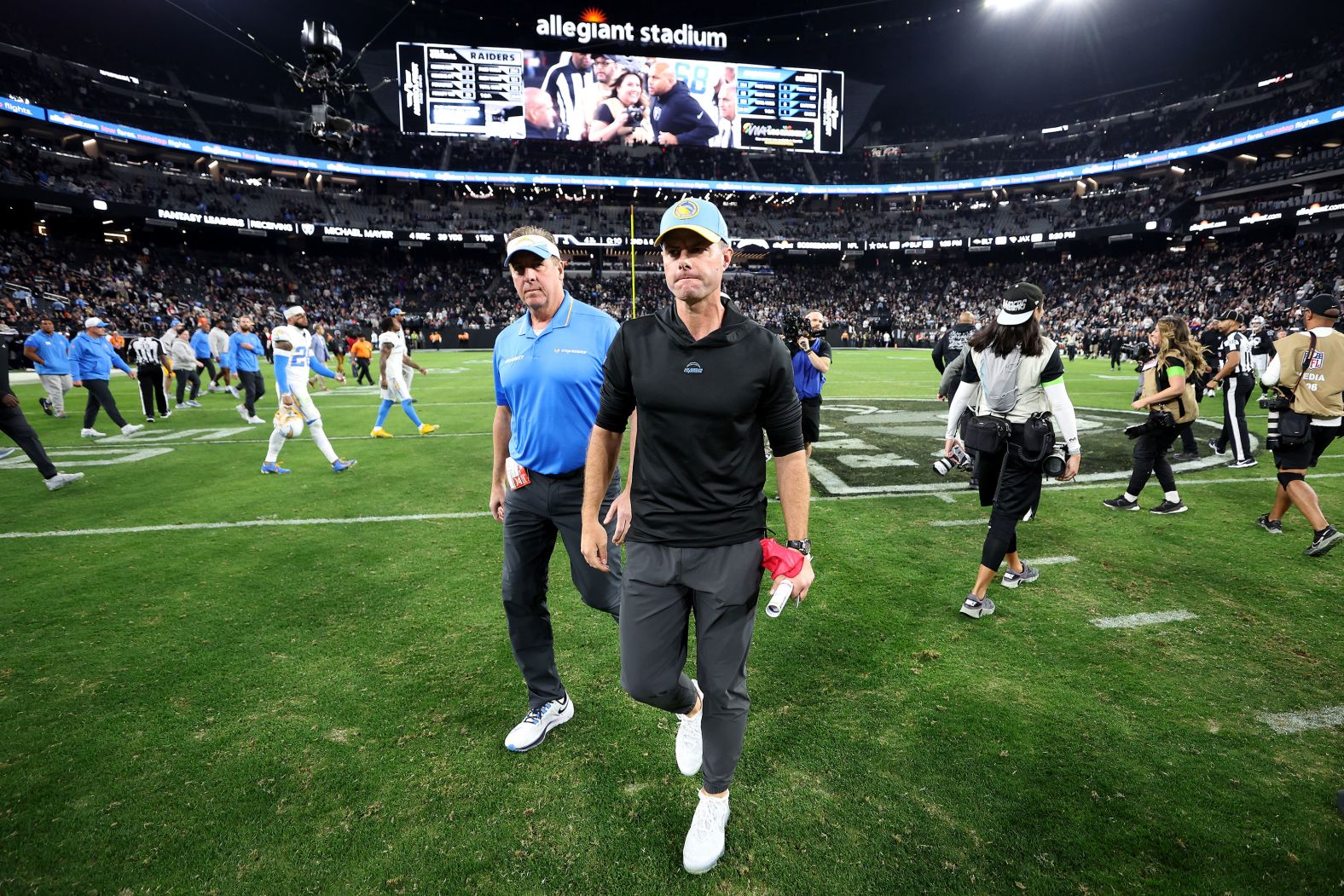 Los Angeles Chargers head coach Brandon Staley walks off of the field after losing 63-21 to the Las Vegas Raiders on Thursday, December 14. <a href="https://www.cnn.com/2023/12/15/sport/los-angeles-chargers-fire-brandon-staley-tom-telesco-spt-intl/index.html" target="_blank"