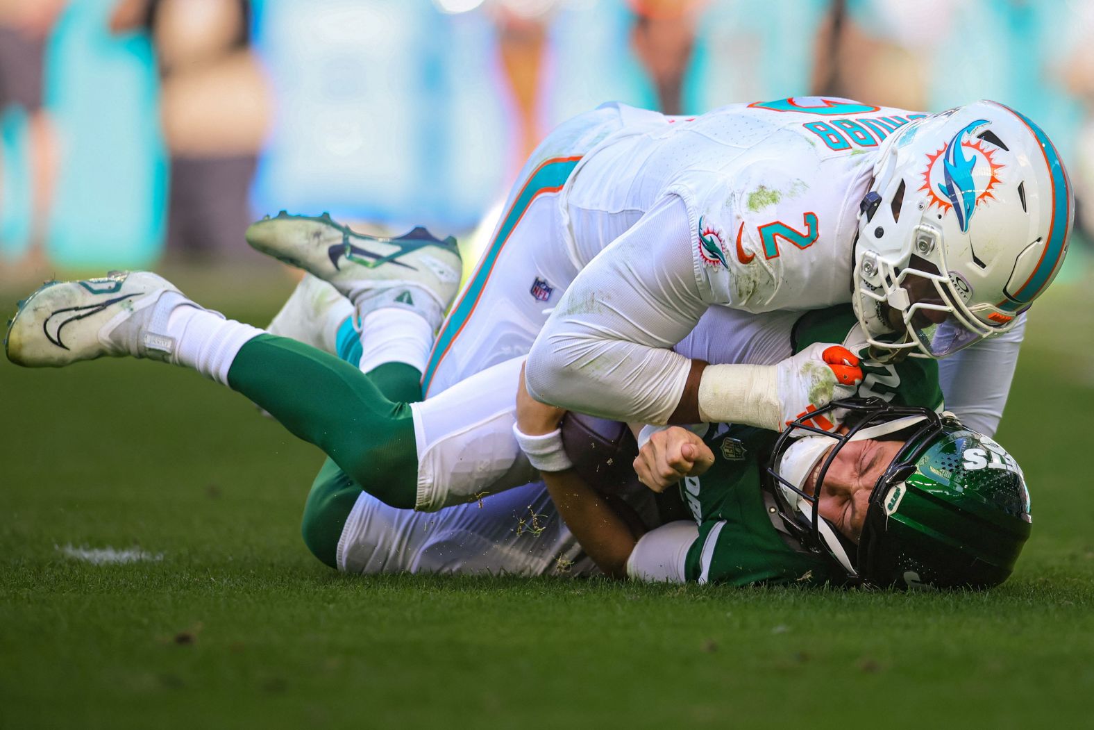 Miami Dolphins linebacker Bradley Chubb sacks New York Jets quarterback Zach Wilson on December 17. 