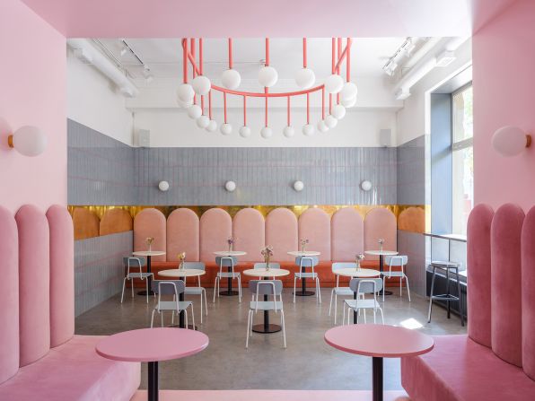 Breadway Bakery in Odessa, Ukraine. Its "bright, playful design and color palette transform a former dental office into a bustling and vibrant bakery café," Kingston writes in "Designing Coffee."<br /