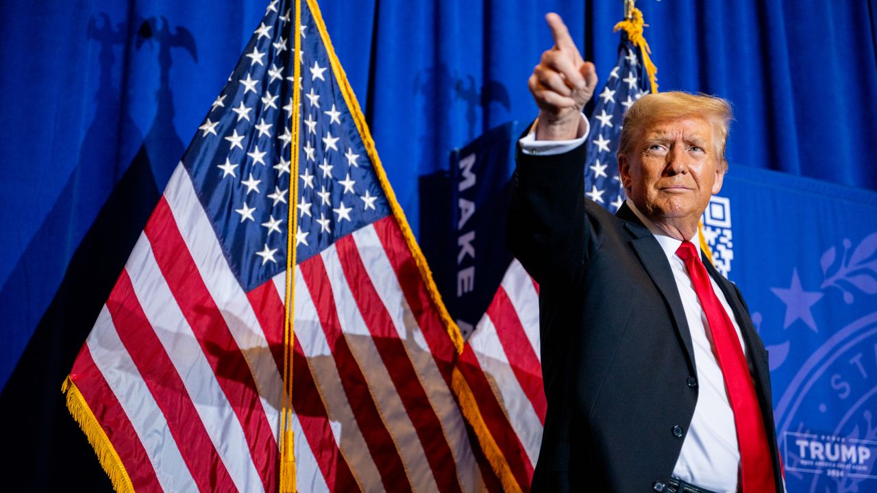 ATKINSON, NEW HAMPSHIRE - JANUARY 16: Republican presidential candidate, former U.S. President Donald Trump points to supporters at the conclusion of a campaign rally at the Atkinson Country Club on January 16, 2024 in Atkinson, New Hampshire. Trump won this week's Iowa caucus, solidifying him as the lead Republican nominee in the first balloting of 2024. The former U.S. President heads to Atkinson, New Hampshire today as he continues campaigning during the primary election. (Photo by Brandon Bell/Getty Images)