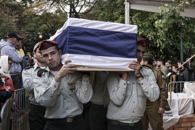 Israeli soldiers hold Major Ilay Levy's coffin during his funeral in Tel Aviv, Israel, on January 23. Levy was one of <a href="https://edition.cnn.com/2024/01/23/middleeast/gaza-israeli-soldiers-deaths-intl-hnk/index.html" target="_blank"