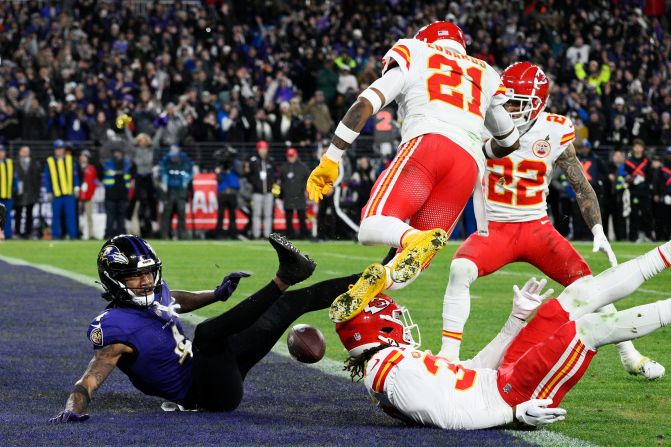 Baltimore Ravens wide receiver Zay Flowers falls as he fumbles into the end zone for a touchback against the Kansas City Chiefs on January 28.