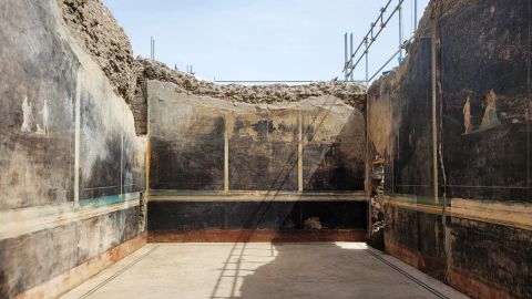 A view of a black-walled dining hall with 2,000-year old paintings inspired by the Trojan War is seen in this handout picture taken in the ancient archeological site of Pompeii and released on April 11, 2024. Parco Archeoligico di Pompei/Handout via REUTERS THIS IMAGE HAS BEEN SUPPLIED BY A THIRD PARTY. NO RESALES. NO ARCHIVES.