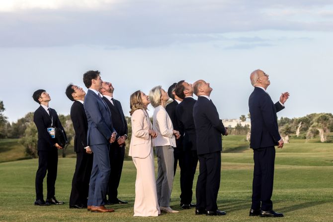 Biden and other world leaders watch a parachute drop demonstration during the first day of the G7 summit in Bari, Italy, in June 2024.