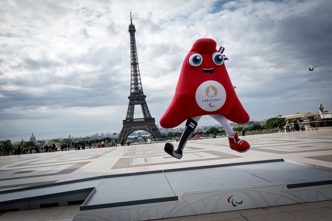 The Phryge, Paris 2024 Paralympics mascot, poses during a presentation to the press.