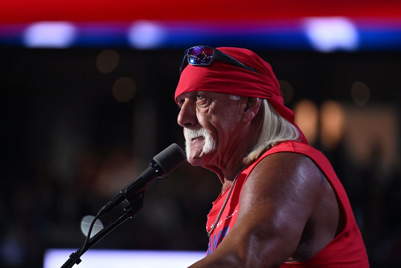 Hulk Hogan speaks during the fourth day of the Republican National Convention on Thursday, July 18, in Milwuakee.