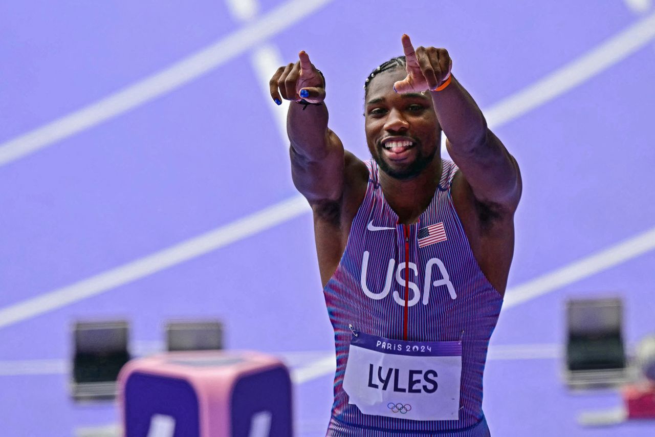 Noah Lyles reacts after competing in the men's 100m heat on August 3. 