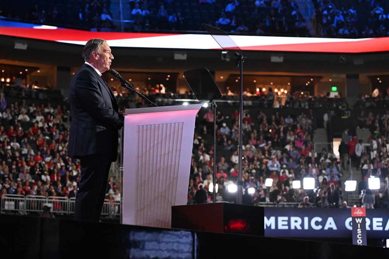 Former Secretary of State Mike Pompeo speaks during the fourth day of the Republican National Convention on Thursday, July 18, in Milwaukee.