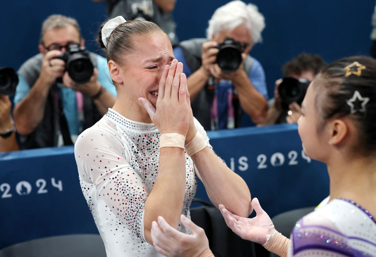 Kaylia Nemour of Algeria reacts after receiving her score for the uneven bars on Sunday. 