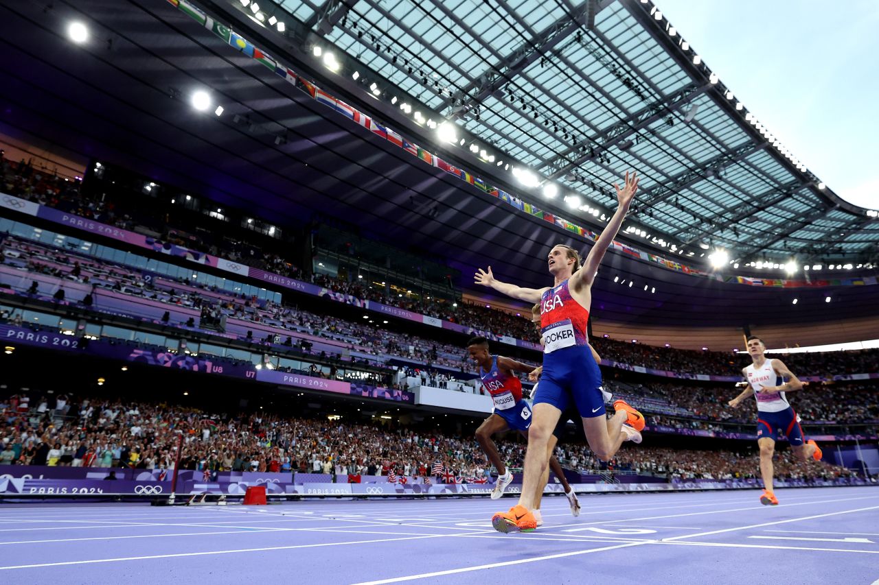 Cole Hocker celebrates winning the gold medal during the men's 1,500 meters final in Paris, France on August 6.