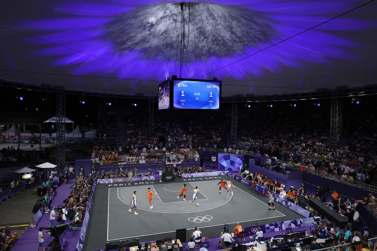 A general view of the court during the men's 3x3 basketball gold medal game between the Netherlands and France on day ten of the Olympic Games Paris 2024 at Esplanade Des Invalides on August 5.