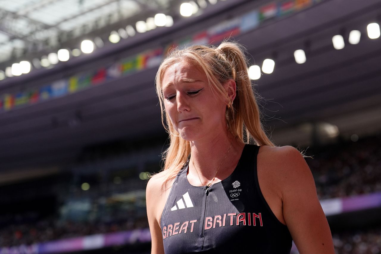 Great Britain's Molly Caudery reacts after being eliminated in the women's pole vault qualification at the Stade de France on the tenth day of the 2024 Paris Olympic Games.