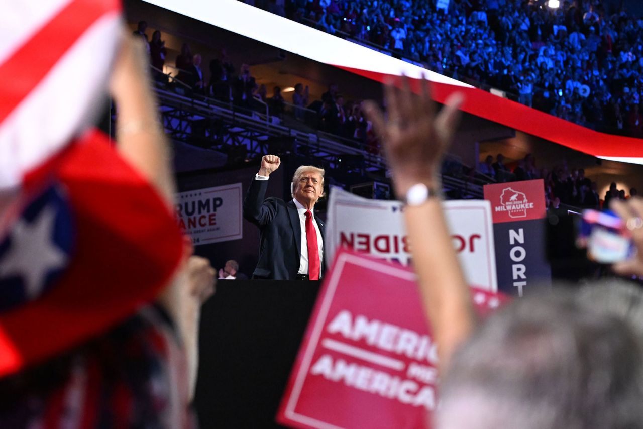 Former President Donald Trump enters the arena on the fourth day of the Republican National Convention in Milwuakee on Thursday, July 18.