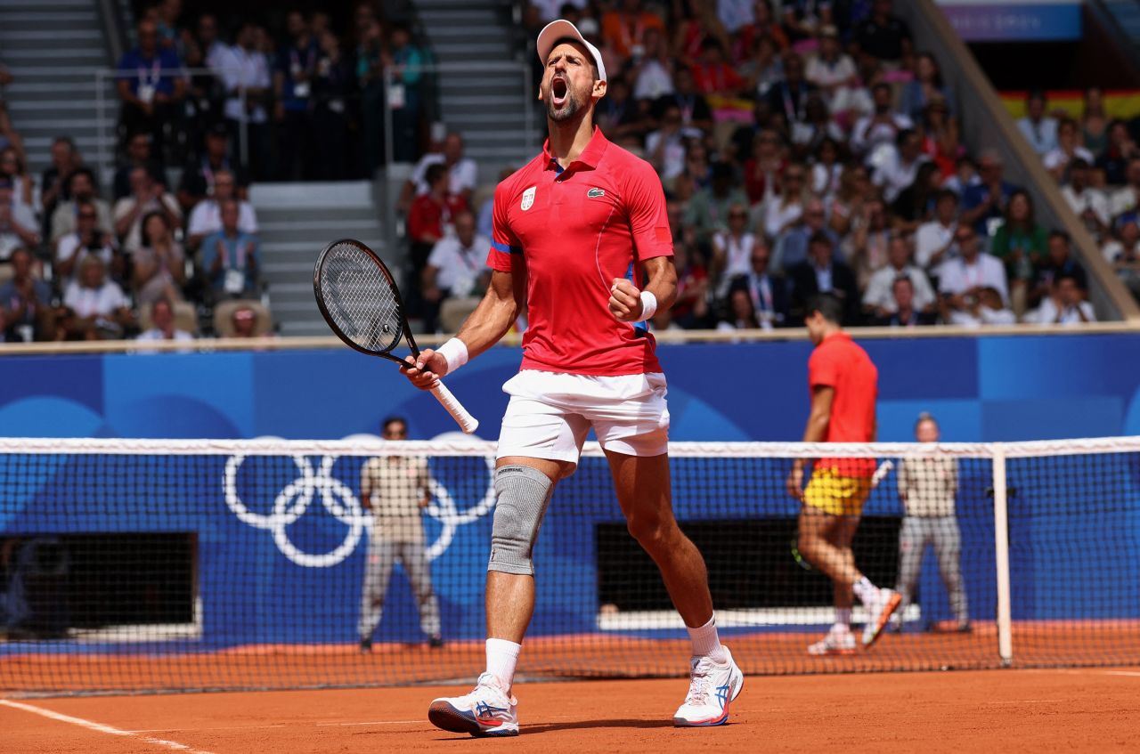 Novak Djokovic celebrates during his match against Carlos Alcaraz on August 4.