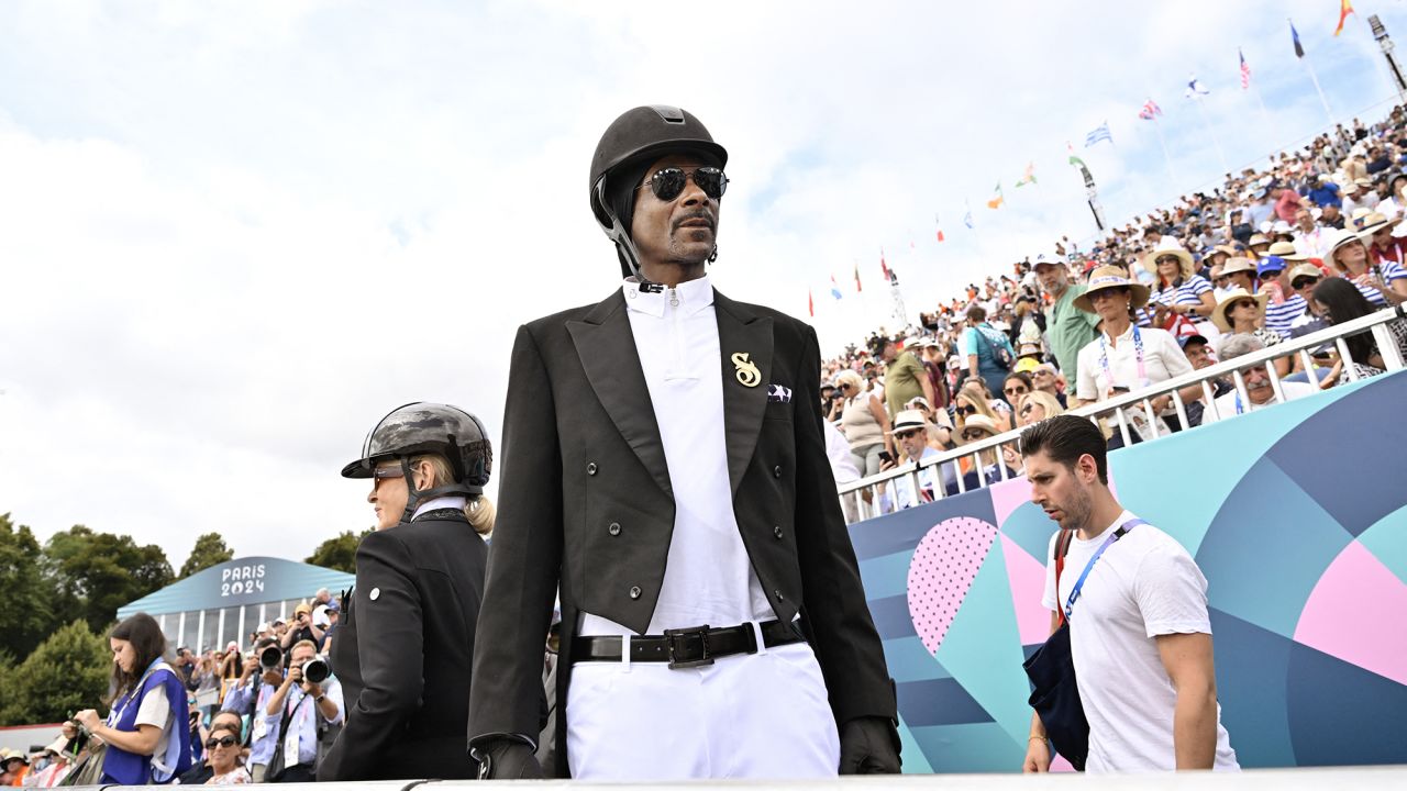 Snoop Dogg attends the equestrian's team dressage final during the Paris 2024 Olympic Games at the Chateau de Versailles, Paris, on August 3.