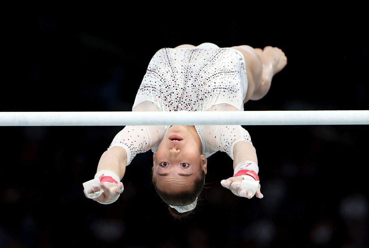 Algeria’s Kaylia Nemour competes in the women's uneven bars final. She made history winning her country's first gold medal in the sport - and the first gymnastics medal in Africa's history.