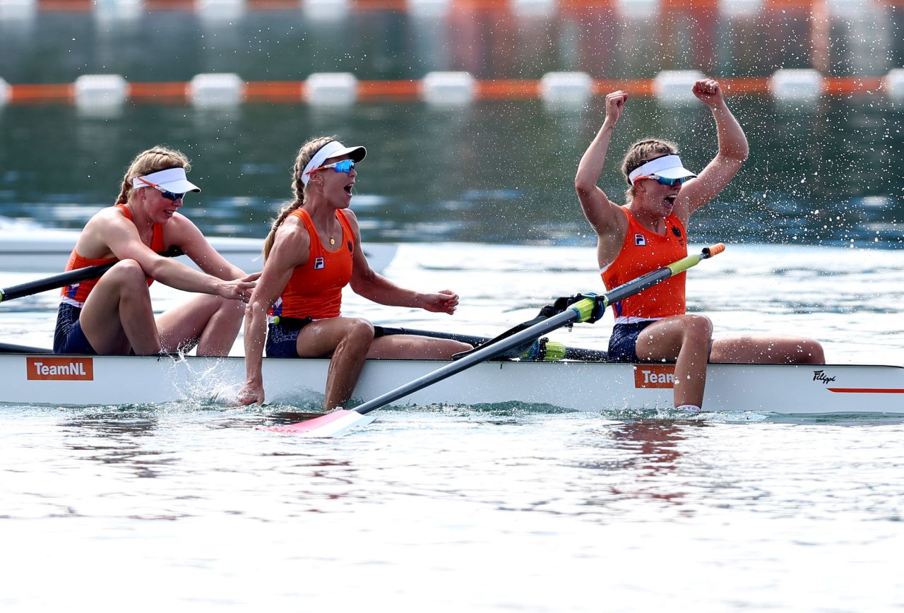 Team Netherlands celebrate winning the gold medals after competing in the Rowing Women's Four Final at Vaires-Sur-Marne Nautical Stadium on Thursday.