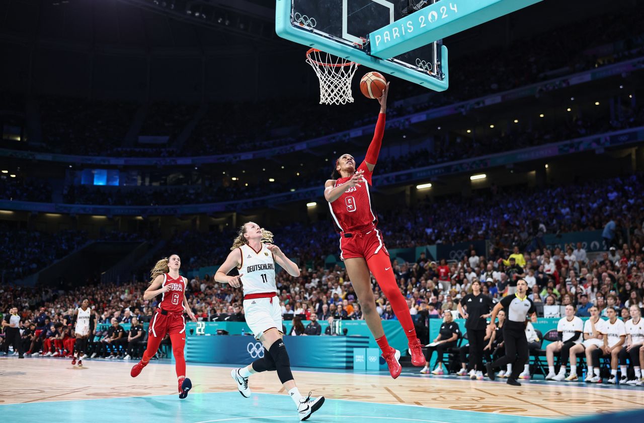 US basketball player A'ja Wilson goes to the basket and scores during a preliminary round game against Germany on August 4.