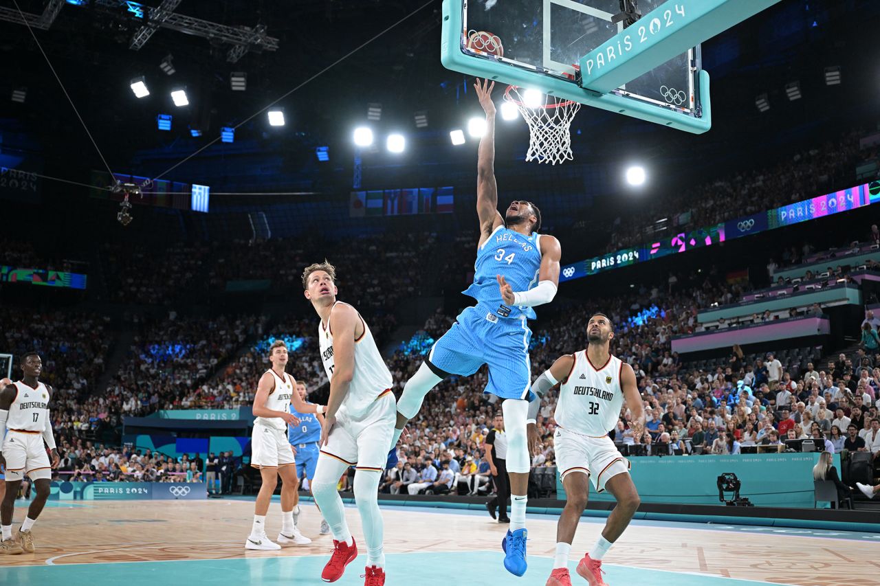 Greece's #34 Giannis Antetokounmpo lays up a ball in the men's quarterfinal basketball match between Germany and Greece during the Paris 2024 Olympic Games at the Bercy Arena on August 6.