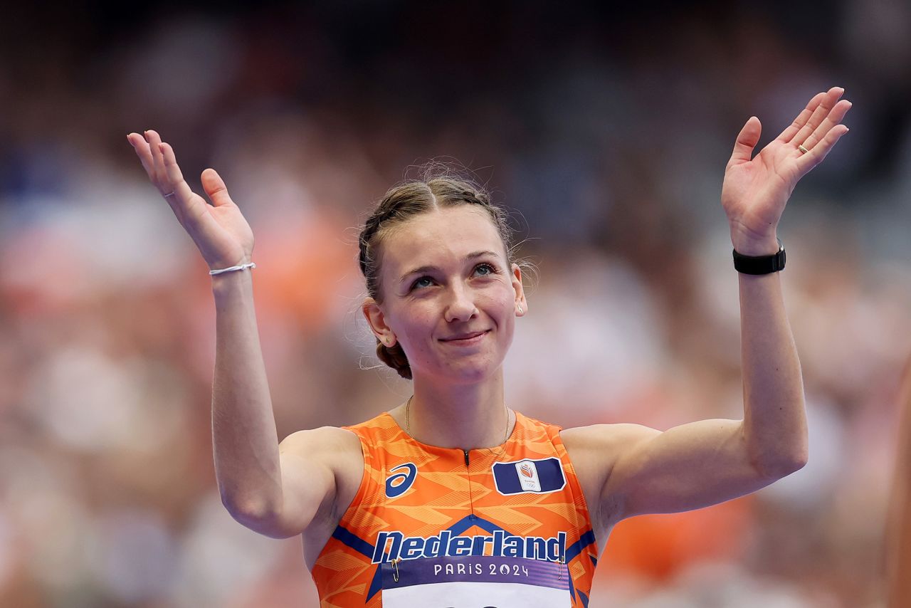 The Netherlands' Femke Bol reacts to winning the third heat of the women's 400-meter hurdles on August 4. 