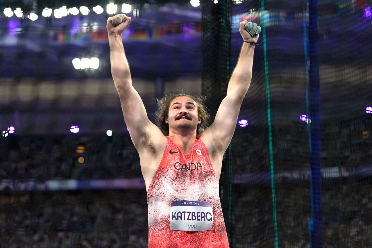 Ethan Katzberg of Canada celebrates after winning the men's hammer throw final Sunday. 