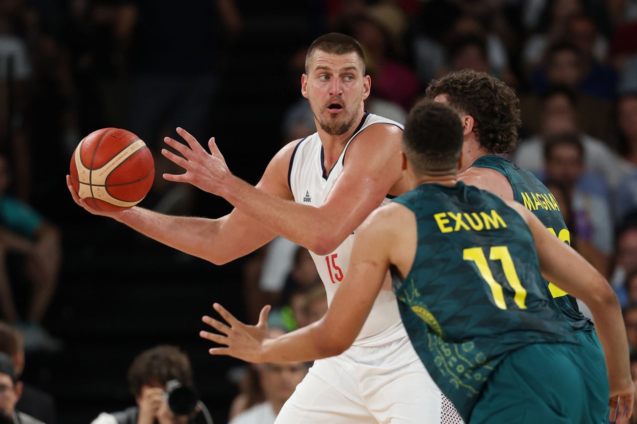 Nikola Jokic #15 of Team Serbia looks to pass during the men's quarterfinal match between Team Australia and Team Serbia on day eleven of the Olympic Games Paris 2024 at Stade Pierre Mauroy on August 6.