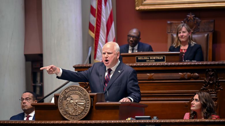 Minnesota Gov. Tim Walz speaks during the State of the State address in the house chambers of the Minnesota State Capitol in St. Paul, Minnesota on April 19, 2023.