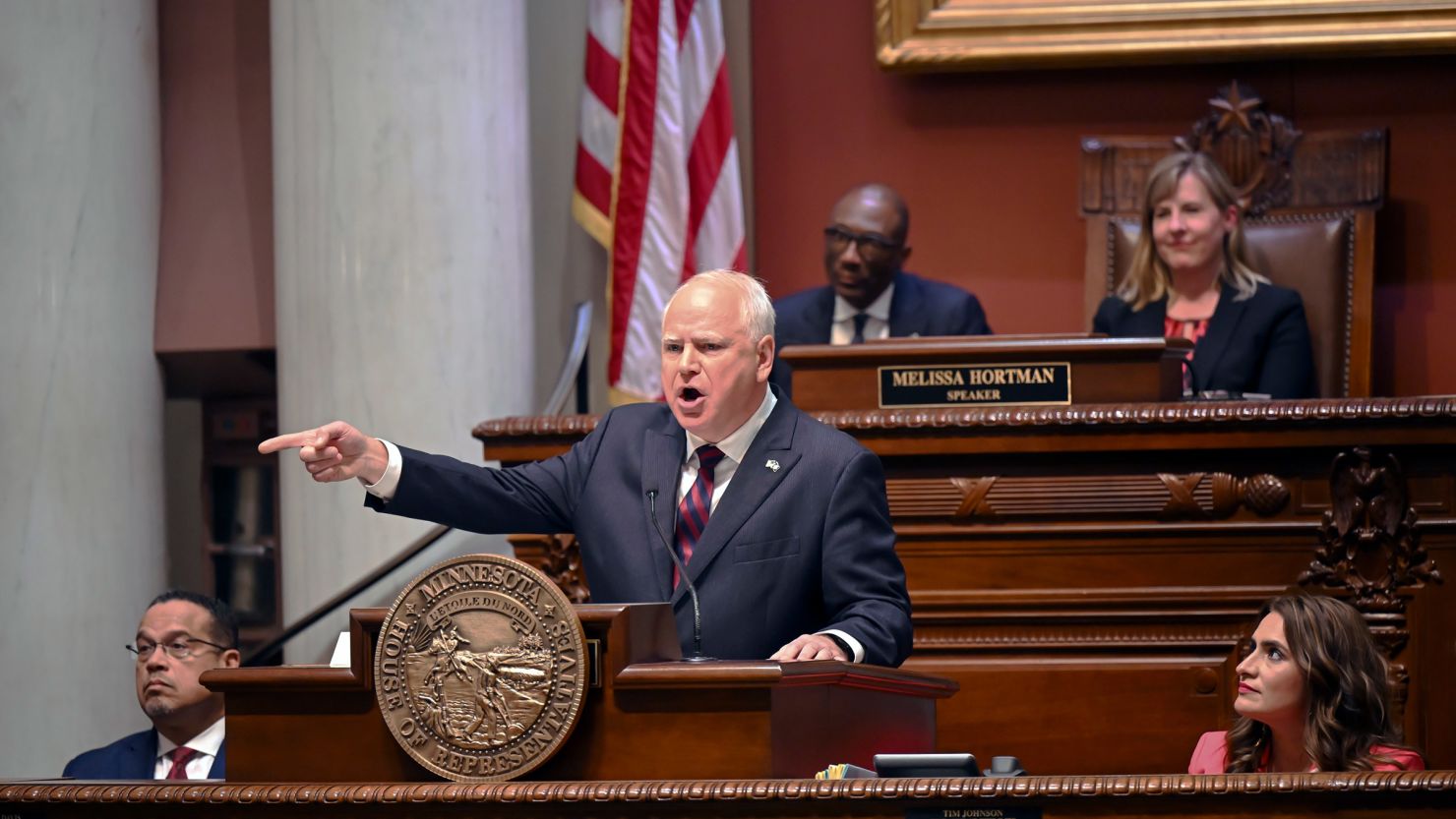 Minnesota Gov. Tim Walz speaks during the State of the State address in the house chambers of the Minnesota State Capitol in St. Paul, Minnesota, on April 19, 2023.