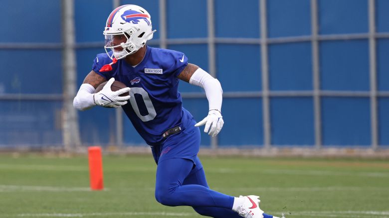 Buffalo Bills wide receiver Keon Coleman (0) runs after making a catch during NFL football practice in Orchard Park, N.Y., Tuesday, June 11, 2024. Coleman has so far made an encouraging impression during spring practices in using his lean 6-foot-4 frame and muscular arms to snatch balls thrown over his head and behind him.