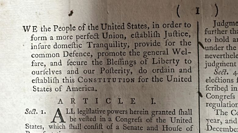 Part of an 1787 copy of the U.S. Constitution is shown at Brunk Auctions in Asheville, North Carolina, on September 5, 2024.