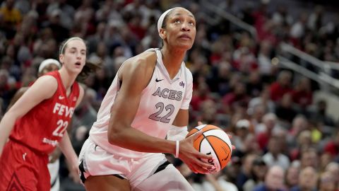 Las Vegas Aces' A'ja Wilson shoots during the second half of a WNBA basketball game against the Indiana Fever, Wednesday, Sept. 11, 2024, in Indianapolis. (AP Photo/Darron Cummings)