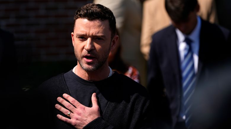 Justin Timberlake speaks to the press after a court hearing, Friday, Sept. 13, 2024, in Sag Harbor, N.Y.