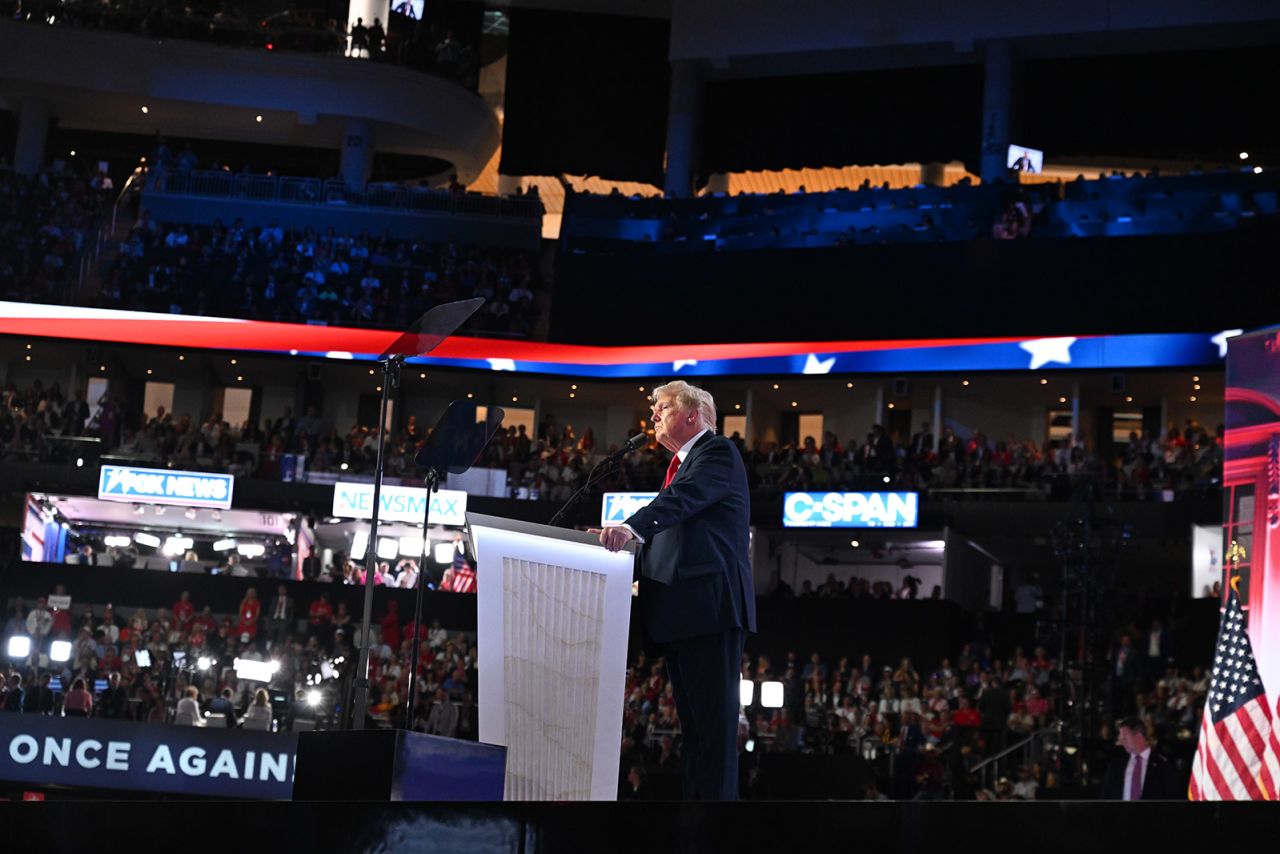 Former President Donald Trump speaks at the 2024 Republican National Convention at the Fiserv Forum in Milwaukee, Wisconsin, on July 18