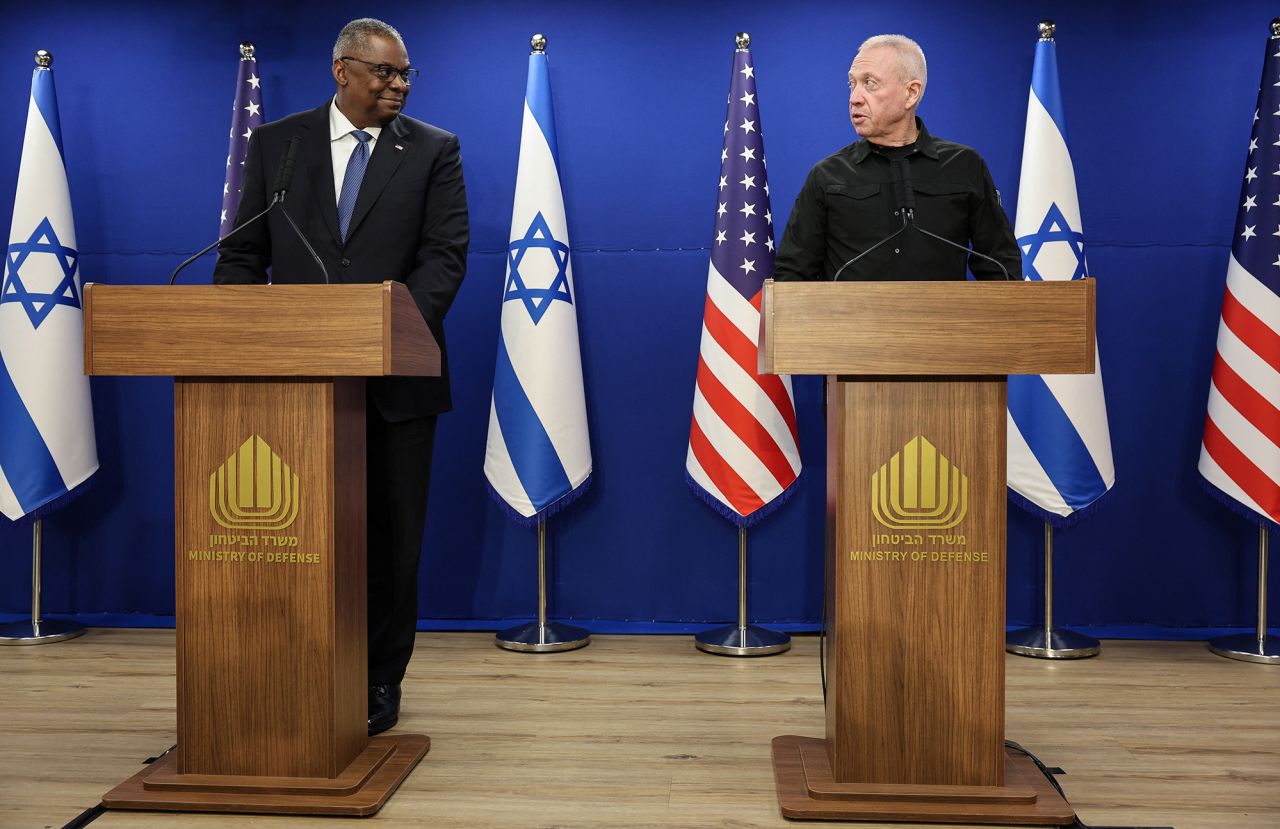 U.S. Secretary of Defense Lloyd Austin, left, and Israeli Defense Minister Yoav Gallant hold a joint press conference at Israel's Ministry of Defense in Tel Aviv, Israel, on December 18.