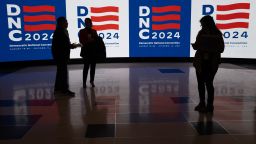 The logo for the Democratic National Convention is displayed at the United Center during a media walkthrough on January 18 in Chicago.